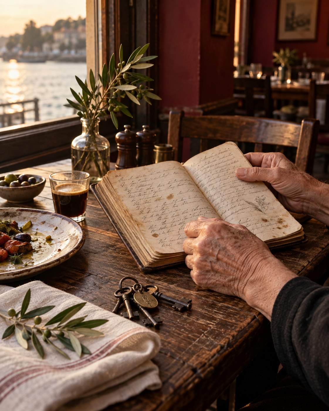 Konseptbilde av en håndskrevet oppskriftsbok, restaurantnøkler og olivengren ved elven